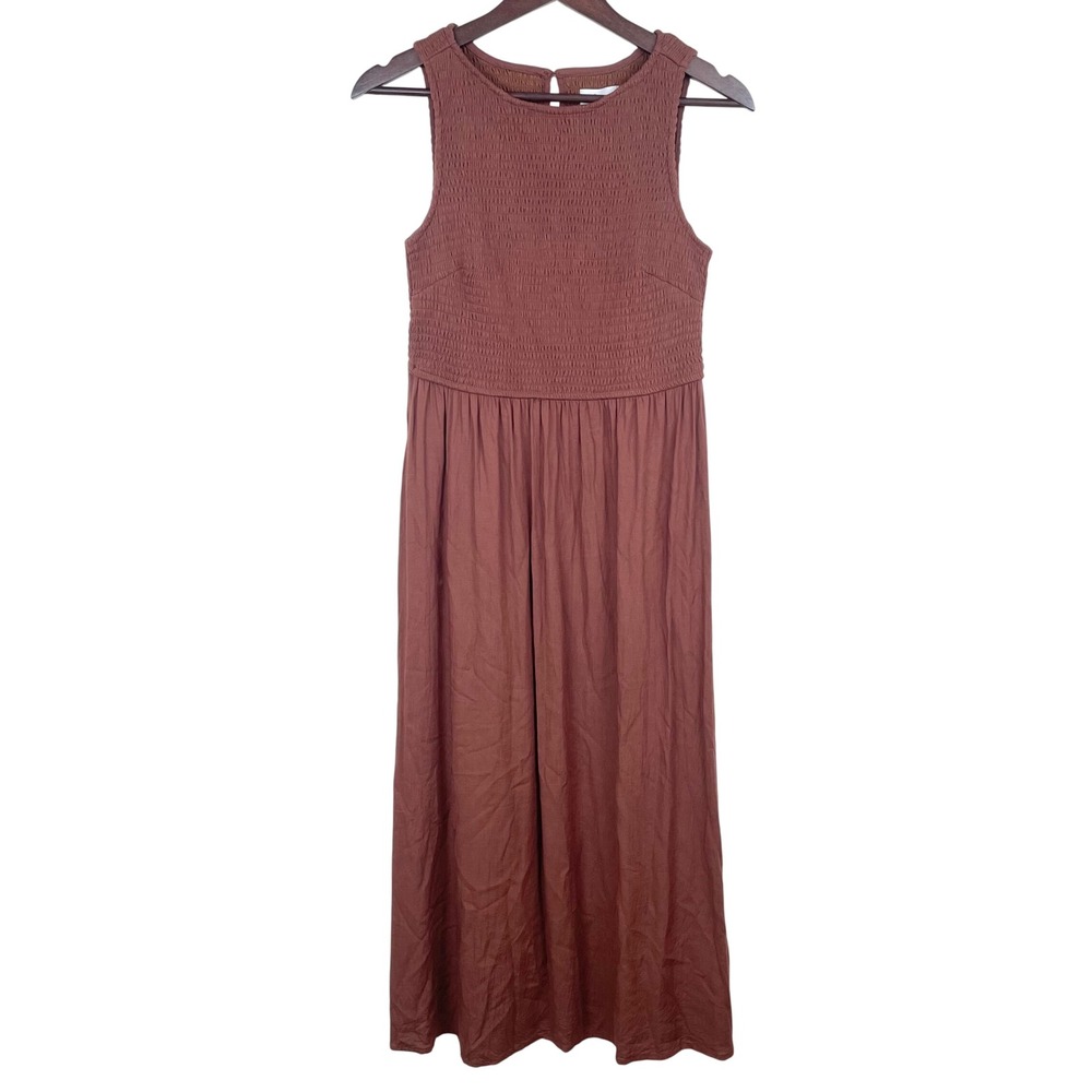 Dress Sz M Cottage Boho Sleeveless Smocked Midi Fairy Travel Minimalist Brown